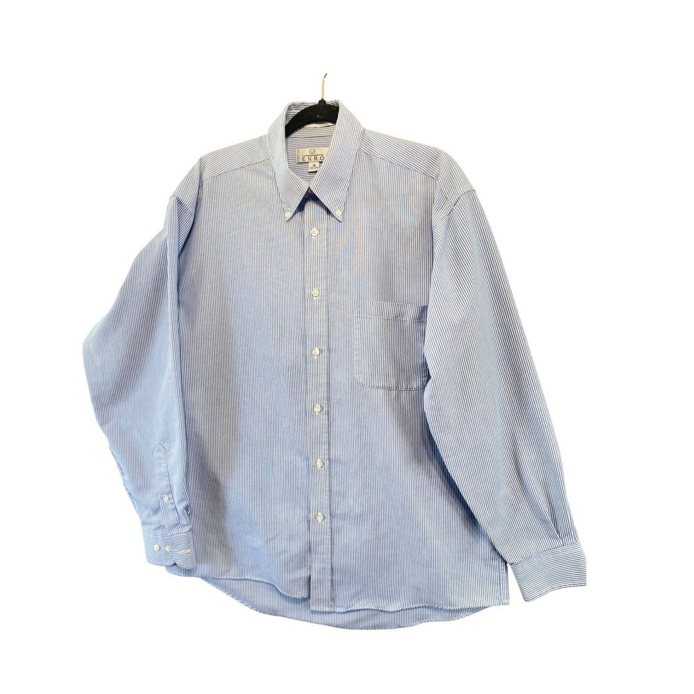 Enro Button Down Shirt Men 16 34-35 Blue White Pinstripe Long Sleeve Cotton Blen